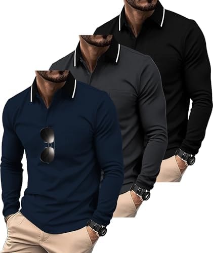 ZITY 3 Pack Men Polo Shirts with Pocket Long Sleeve Athletic T-Shirts