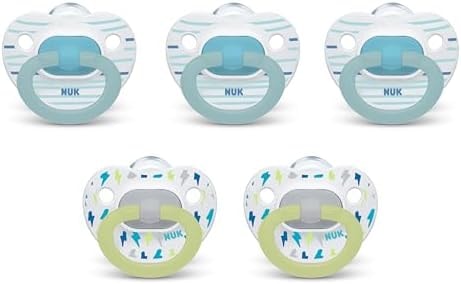 NUK First Choice Classic Orthodontic Baby Pacifier, 6-18 Months Baby Pacifier, Assorted Colors, Baby Must Haves, 5-pack