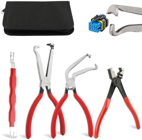 4pcs Electrical Disconnect Pliers for Cars, Straight & 60 Degree Separator Pliers, Plug Disconnect Tool Connector Separator and Hose Clamp Plier with Storage Bag, for Car Repair Vehicle Wiring Systems
