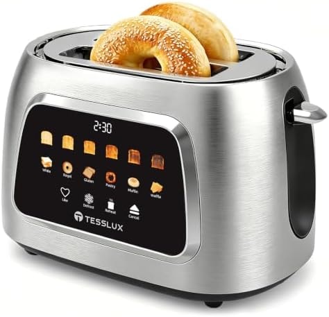 Tesslux 2 Slice Toaster with Touch Screen Control, 1.5" Wide Long Slots, 6 Browning Levels & 6 Bread Types, Digital Timer, Memory, Defrost, Reheat