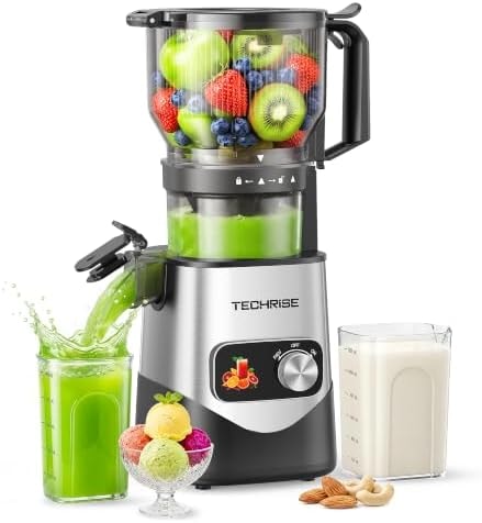 TechRise 3-in-1 Cold Press Juicer with 6" Wide Feed Chute, Slow Masticating Juicer Machine for Whole Fruits & Vegetables, Makes Juice, Fruit Sorbet & Nut Milk, Easy to Clean, BPA-Free, Space Silver