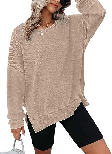 Dokotoo Early Fall Fashion Sweatshirt for Women Casual Long Sleeve Tops Waffle Knit Crewneck Loose Fit Pullover Side Slit Ladies Thin Soft Cute Sweatshirts Tunic Blouses 2025 Outfits Khaki Large