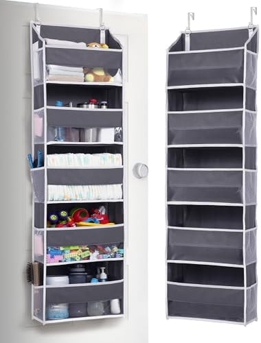 ULG 1 Pack Over Door Organizer with 5 Large and 10 Mesh Side Pockets, 44 lbs Weight Capacity Hanging Storage with Clear Window Kids Toys, Shoes, Diapers, Dark Grey, 5 Layers