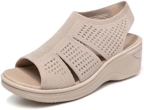 KOIMED Women's Comfort Knit Platform Walking Sandals With Memory Foam Open Toe Lightweight Soft Breathable Mesh Washable Stylish For Summer Travel Casual Beach Outdoor Sport Taupe