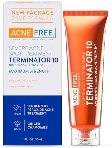 AcneFree Terminator 10 Acne Spot Treatment with Benzoyl Peroxide 10% Maximum Strength Acne Cream Treatment, 1 Ounce - Pack Of 1