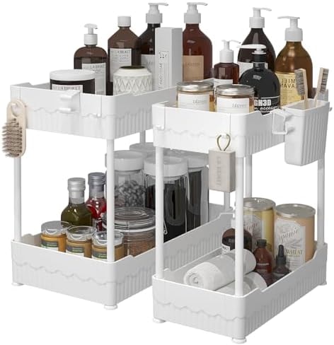Sevenblue 2-Pack Under Sink Organizer with Hooks & Hanging Cup for Kitchen