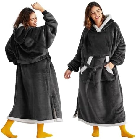 Bedsure Wearable Blanket Hoodie, Long Hooded Blanket Sweatshirt as Birthday Gifts for Women, Cozy Sherpa Hoodie for Adult, Standard, Charcoal