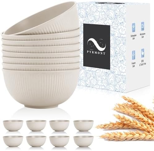 PYRMONT Unbreakable Cereal Bowl 26 OZ Wheat Straw Bowls Set of 8 Alternative Plastic Bowls Reusable Dishwasher & Microwave Safe Bowls for Kitchen Camping Bowls for Soup,Breakfast,Fruit-Beige