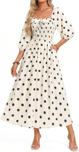 White Polka Dot Dress for Women 3/4 Sleeve Maxi Maternity Dress with Pocket