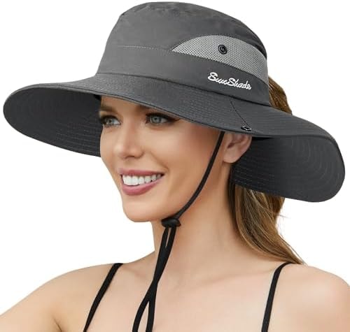 Sun Hats for Women, Wide Brim Beach Bucket Hats with Ponytail Hole, Outdoor UV Protection Foldable Fishing Hat Cooling Mesh Hiking Bucket Hat, Grey