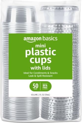 Amazon Basics Disposable Plastic To-Go Cups and Lids, Mini, 2oz, 50 Count, BPA Free, for Condiment, Salad Dressing, Sauces, Jello Shots