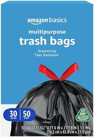 Amazon Basics 30 Gallon Multipurpose Drawstring Trash Bags, 20% Post Consumer Recycled, Black with Red Drawstring, 50 Count