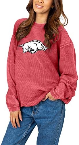 chicka-d NCAA Arkansas Razorbacks Womens Corded Crew Pullover, Crimson, Large