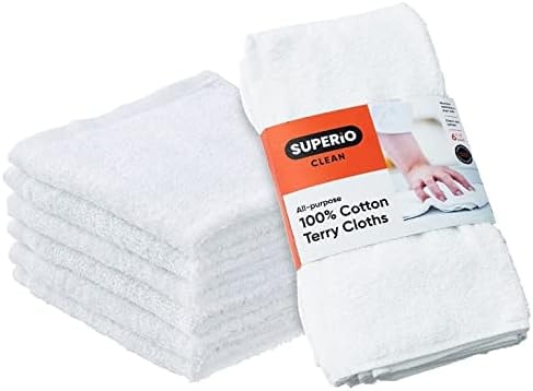 Superio Terry Cloth Rags White Washcloths 100% Cotton 12" Cleaning Cloths, Kitchen Towels, Facial Washcloth, Spa Cloths, Hand Towel, Small Lint Free Rags for Multi-Purposes (6 Pack)