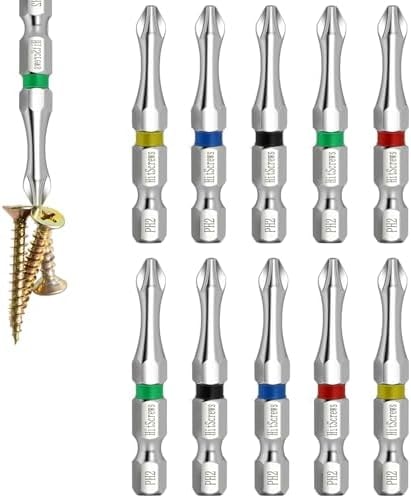 Hitscrews Magnetic Screwdriver Bits PH2, 2-Inch Impact Driver Bits #2, S2 Steel Chrome Finish Phillips Bits For Impact Driver, Home Improvement & DIY - 10 Pack