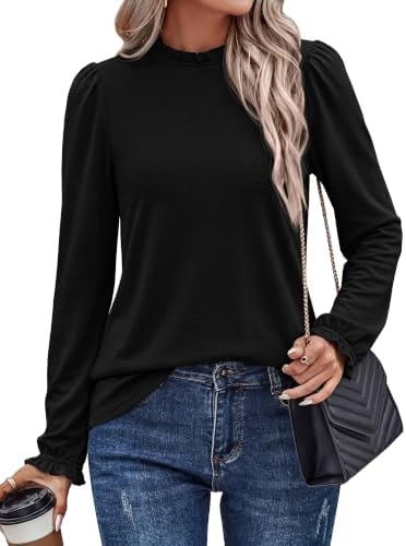 KIRUNDO Womens Long Sleeve Shirts Dressy Casual Blouse Tops,Black,S