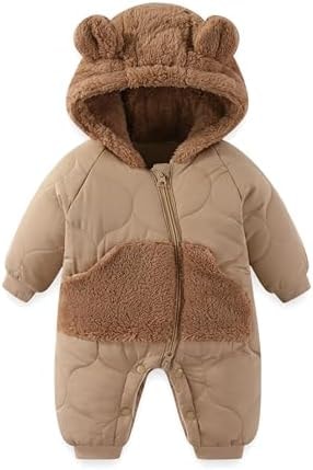 JiAmy Baby Snowsuit Winter Romper Hooded Boys Girls Jumpsuit Bear Thick Windproof Cap Infant Winter Clothes 9-12 Months Brown