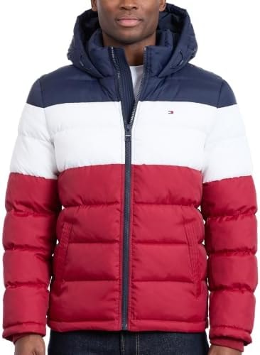 Tommy Hilfiger Men's Classic Hooded Puffer Jacket (Standard and Big & Tall), midnight/white/red, Large