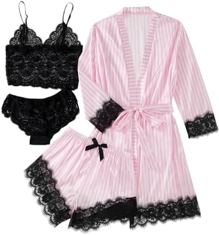 LYANER Women's Silk Satin Sexy Pajamas Set White Pink Stripe Small
