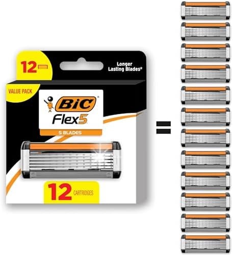 BIC Flex 5 Refillable Razors for Men, Long-Lasting 12 Razor Cartridges