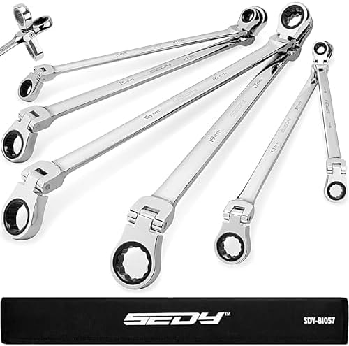 Extra Long Flex-Head Ratcheting Wrench Set, Anti-Slip 6-Piece Double Box End Wrench Set, 72-Teeth, Metric 8-19mm, CR-V Steel Wrench with Rolling Pouch