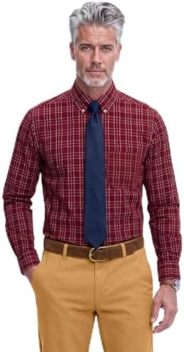 IZOD Men's Dress Shirt Regular Fit Long Sleeve Wrinkle Free Stretch Button Down Collar, Rhubarb, 14-14.5 32-33