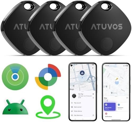 ATUVOS Air Tracker Tags-4 Pack for Android & iOS, Tracker Tags Work with Google Find Hub or Apple Find My APP, Smart Tags for Android, IP67 Waterproof Bluetooth Tracker Tag for Luggage, Keys