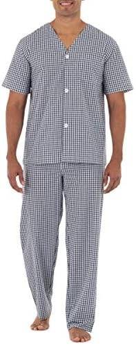 Fruit of the Loom Men's Broadcloth Short Sleeve Top and Long Pants Pajama Set, Navy/White Check, Large