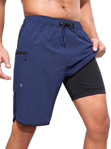 SILKWORLD Mens Swimming Trunks 9 Inch Bathing Suits, Navy Blue, Large