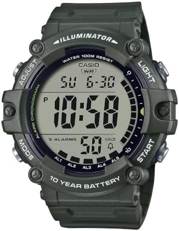 Casio Illuminator 10-Year Battery Extra Long Strap 100 M Water Resistance 5-Alarm w/Countdown Timer Men's Digital Watch, Green, AE-1500WHX-3AVCF