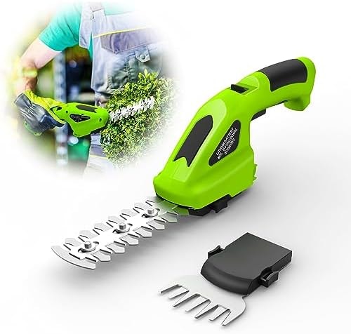 Cordless Grass Shear Mini Hedge Trimmer 2000mAh, 7.2V Handheld Hedge Clippers Electric Shrubbery Trimmer, 2 in-1 Grass Clippers Trimmer Grass Cutter, Rechargeable Battery and Charger for Garden, Lawn