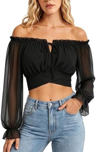 Women Off the Shoulder Crop Tops Long Sleeve Shirt Blouse Black M
