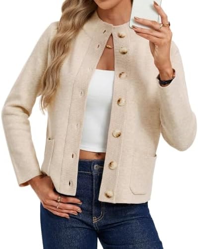 GRACE KARIN Women Chunky Knit Cardigan Sweater Button Up Mock Neck Jacket