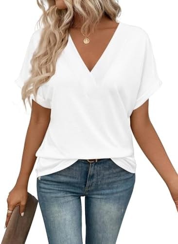 EyMuse Women V Neck T Shirts Cute Basic Short Sleeve Tops Fashion Loose Fit Blouses Summer Basic Tees 2025 Old Money Clothes White,M