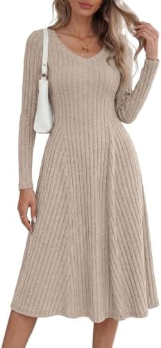 KIRUNDO Sweater Dress Long Sleeve Ribbed Midi Fall Dresses, Apricot, S