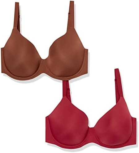Amazon Essentials Women's Full Coverage Microfiber Underwire Bra, Lightly Padded, Supportive, Cushioned, Pack of 2, Chocolate/Red, 38D