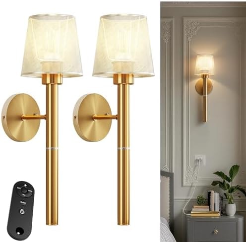 Donsis Battery Operated Wall Sconces Set of 2, 5200mAh Gold Rechargeable Wall Lights with 3 Color, Remote Control & Timer Function for Bedroom Living Room Hallway Decor