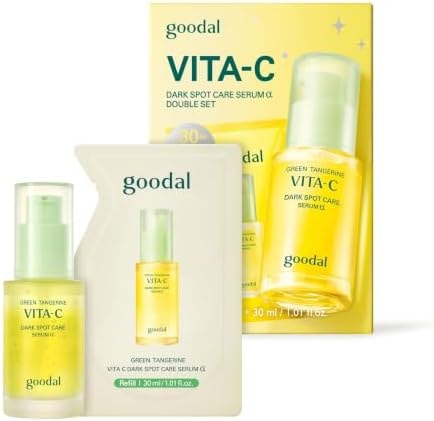 GOODAL Vitamin C Dark Spot Brightening Serum 1.01 fl oz (30ml) + Refill Pouch 1.01 fl oz (30ml) | 5% Niacinamide & Green Tangerine Exosome | Korean Facial Serum