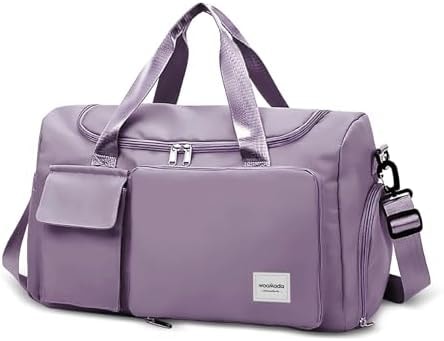WOOMADA Foldable Travel Duffel Bag with Shoes Compartment, Overnight Bag with Wet Pocket & Trolley Sleeve, Weekender Bags for Women(A-grayish purple)