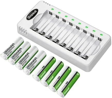 Granicell Rechargeable AA Batteries with Charger, 8 Pack 2800mAh High Capacity Ni-MH Double A Batteries with Smart 8 Bay Smart Battery Charger, USB Fast Charging