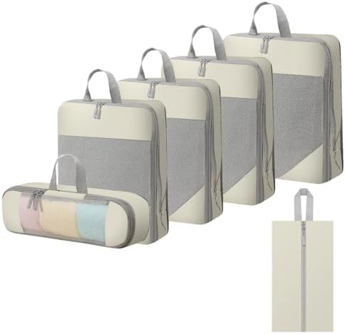 WOOMADA Compression Packing Cubes for Suitcases Travel Essentials 6 Set Rectangle Mesh Expandable Travel Bags Organizer for Luggage(Beige)