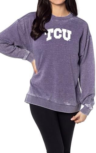 chicka-d Women's Oversized Dropped Shoulder Crewneck Fleece Sweatshirt | NCAA Primary Team Icon Team Color, TCU Horned Frogs, Team Color, Small