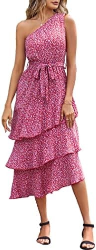 PRETTYGARDEN Women's Summer Floral Sundress Casual One Shoulder Tiered Ruffle Flowy Midi Beach Boho Dresses (Floral Red,Large)