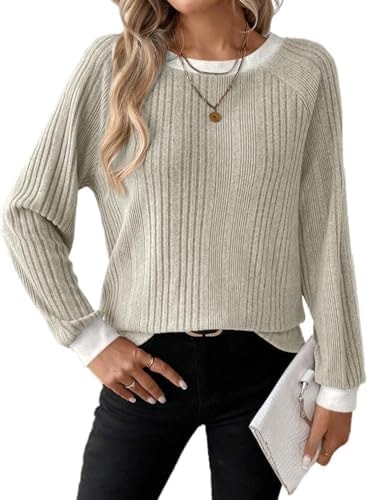 Dokotoo Long Sleeve Shirts for Women Solid Round Neck Loose Teacher Outfits for Women Comfy Warm Trendy Knitted Tee Shirts Tops Contrast Womens Tops Dressy Casual Basic Tunics Blouses L Light Green