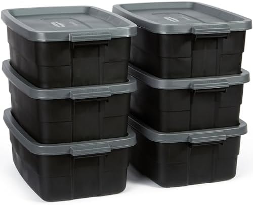 Rubbermaid 6-Pack Totes for Storage with Lids, Heavy Duty Plastic Storage Bins with Lids, Black Gray, 10 GAL - Stackable for Garage, Attic, Camping (10 GAL - 6 Pack Solid Black and Grey)