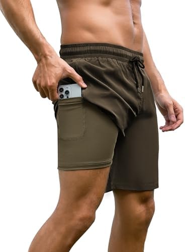 Arolina 7 Inch Swim Trunks Men with Compression Liner Zipper Pockets Swimwear Board Shorts Bathing Suits Green Medium