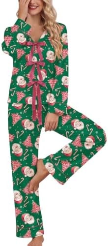 Ekouaer Silk Satin Pajama Set Cute Bow Tie Front Pjs Green Santa Claus M