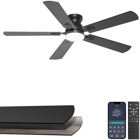 Phylluz 52'' Flush Mount Ceiling Fan with Lights, Space-Saving Low Profile for Low Ceilings, App/Remote Control, Safe Quiet DC Motor for Bedroom Living Room, Dimmable, Black