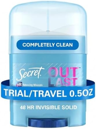 Secret Outlast Antiperspirant Deodorant for Women, 72hr Sweat & Odor Protection, PH Balancing Minerals, Invisible Solid, Completely Clean Scent, Travel Size, 0.5 oz