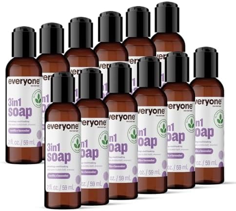 Everyone 3-in-1 Soap Body Wash, Bubble Bath, Shampoo, Travel Size, 2 Ounce (Pack of 12), Vanilla and Lavender, made with Essential Oils for Men and Women